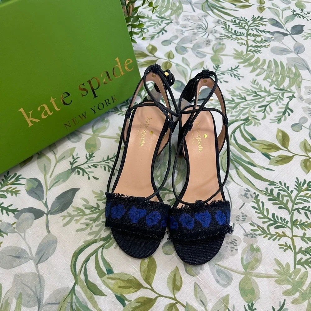 New Kate Spade Embroidered Denim Ankle Tie Block Heels Sandals Women’s Size 6